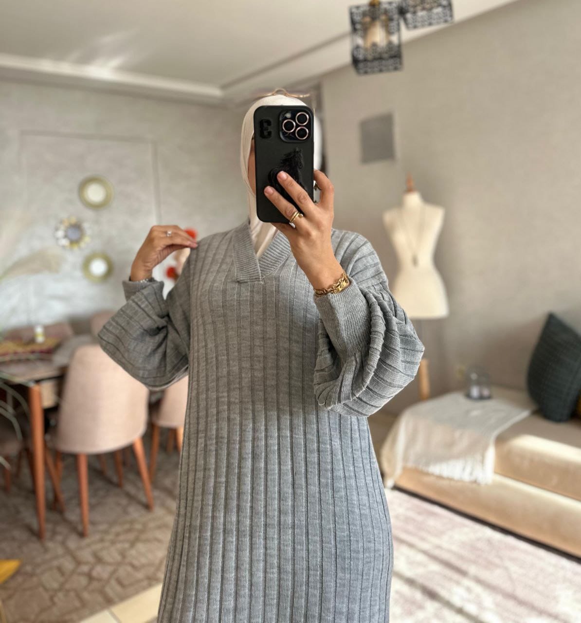 Robe avec manch bouffante Tissu la lain