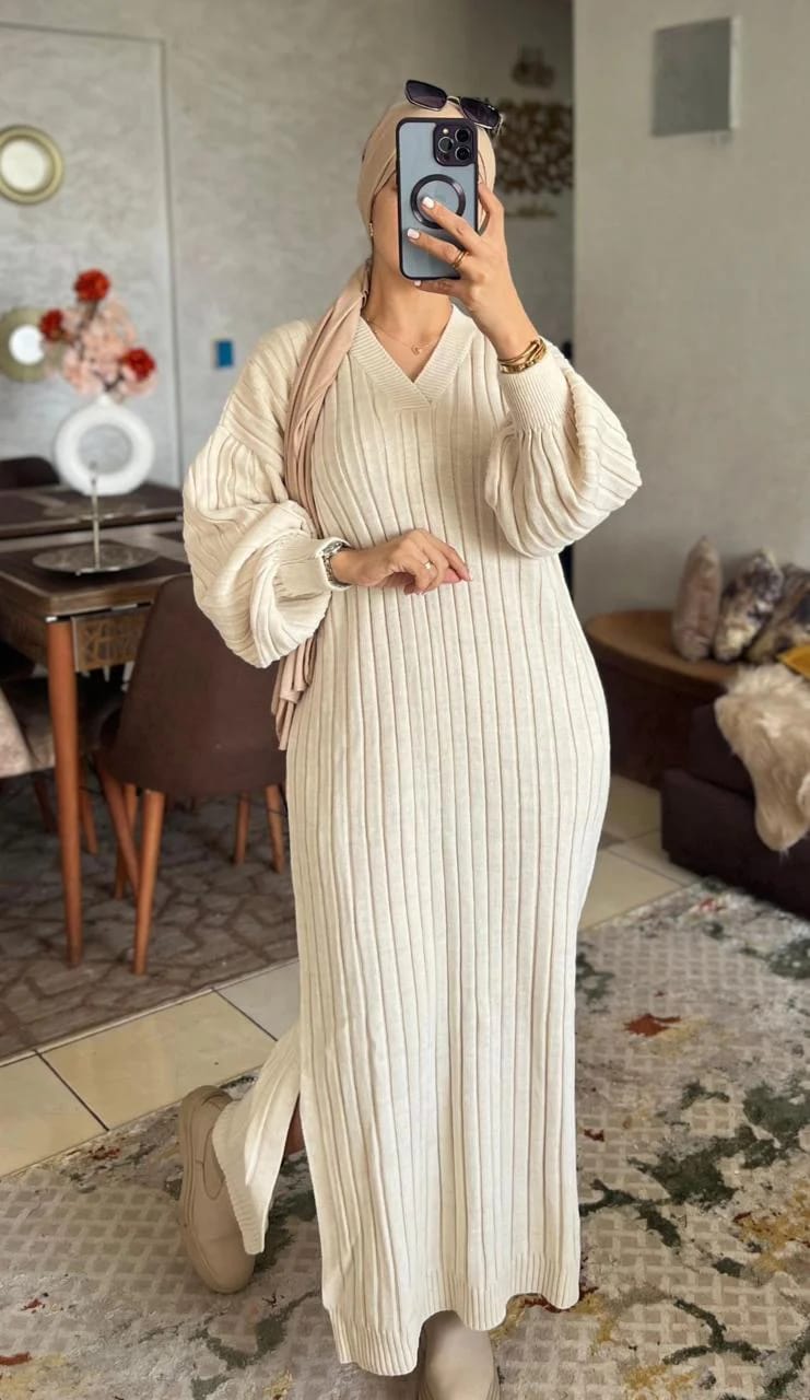 Robe avec manch bouffante Tissu la lain